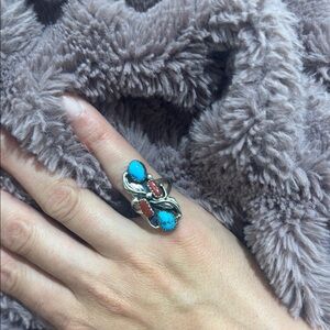 Native American Stamped Sterling Silver Turquoise and Coral Statement Ring